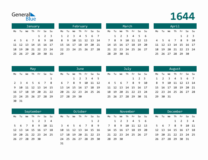 Downloadable 1644 Calendar