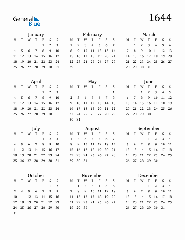 Free Printable Calendar 1644 with Monday Start