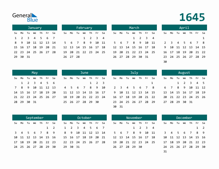 Downloadable 1645 Calendar