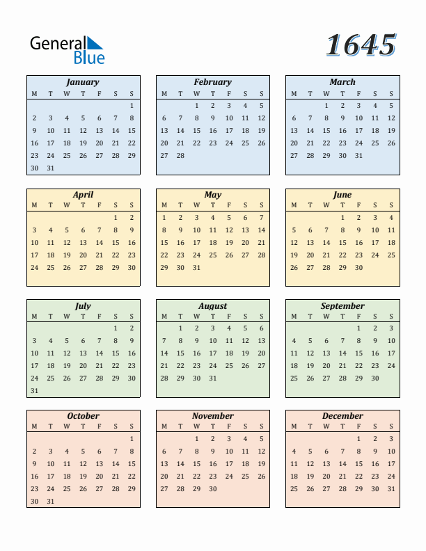 Calendar for 1645 (Monday Start)