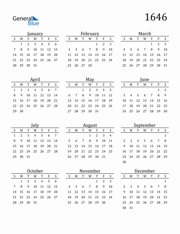 Free Printable Calendar 1646 with Sunday Start