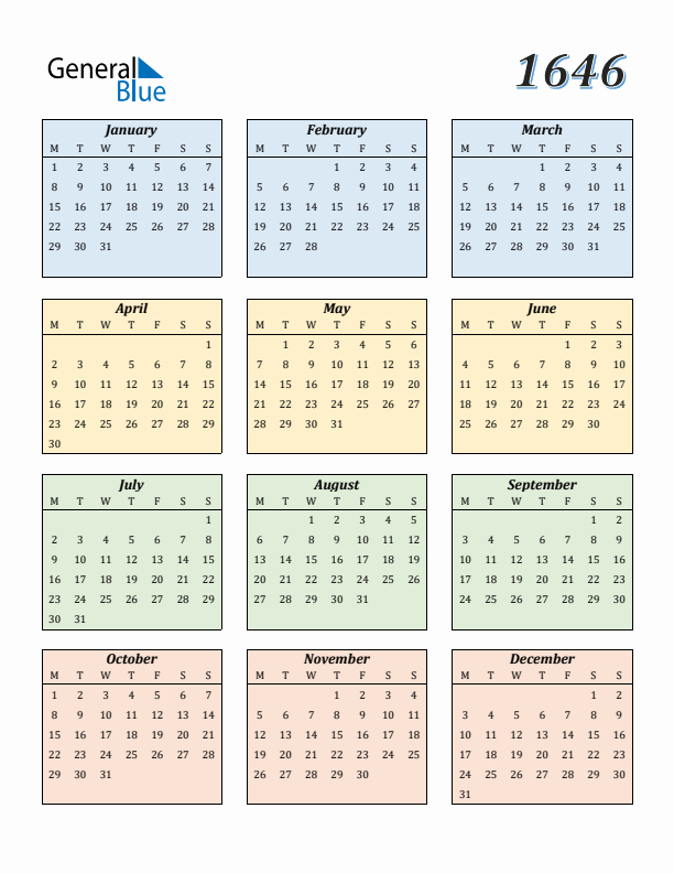 Calendar for 1646 (Monday Start)