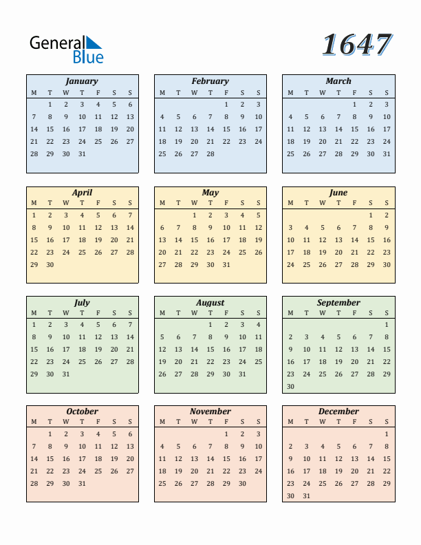 Calendar for 1647 (Monday Start)