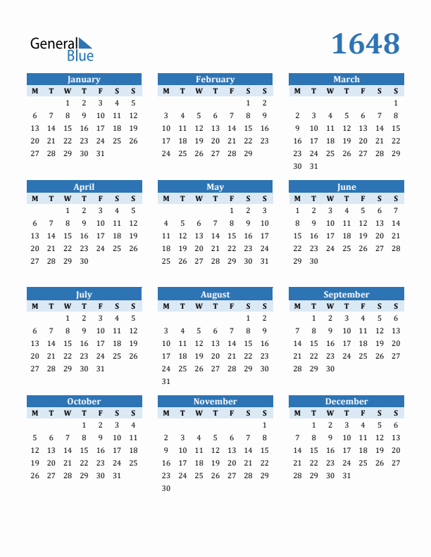 1648 Year Calendar with Monday Start