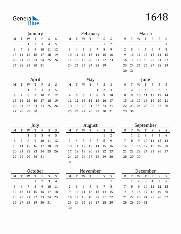 Free Printable Calendar 1648 with Monday Start