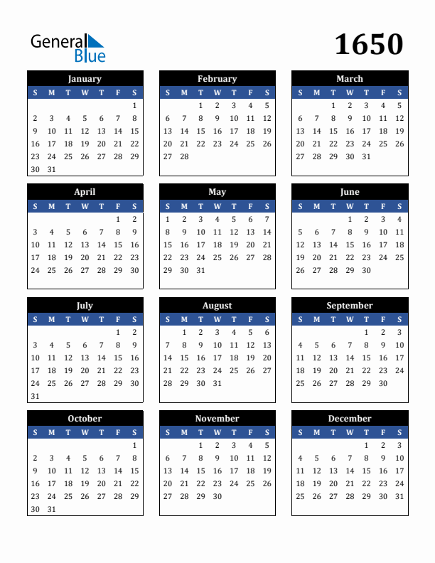 Editable Calendar 1650 - Sunday Start