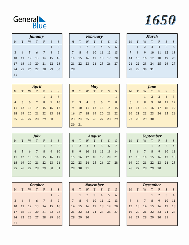 Calendar for 1650 (Monday Start)