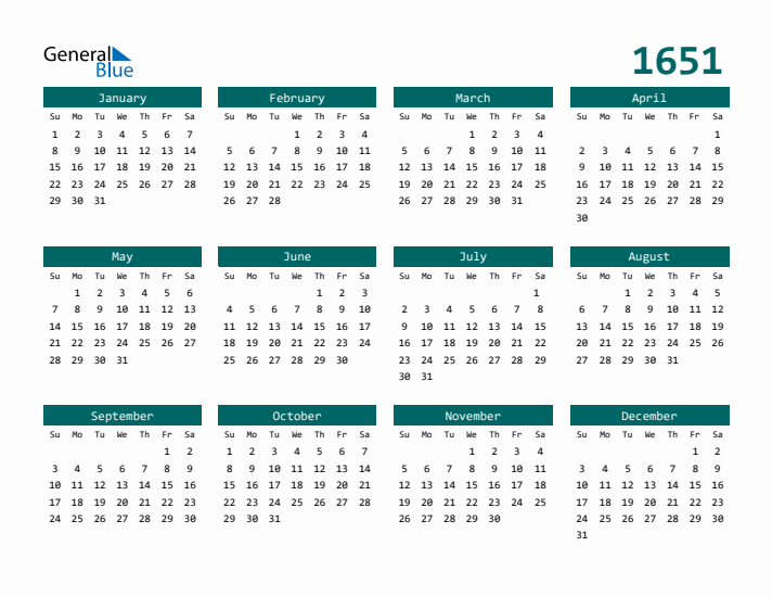 Downloadable 1651 Calendar