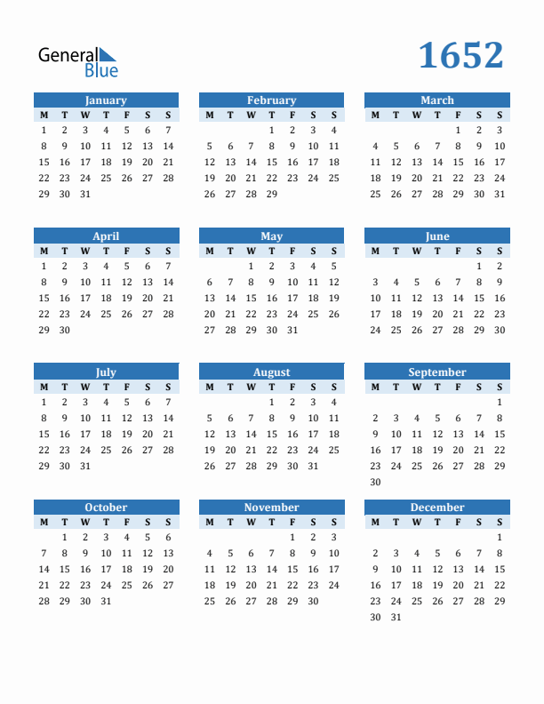 1652 Year Calendar with Monday Start