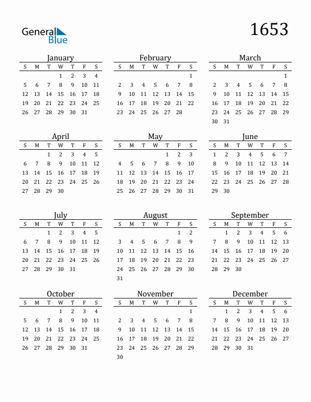 Free Printable Calendar 1653 with Sunday Start