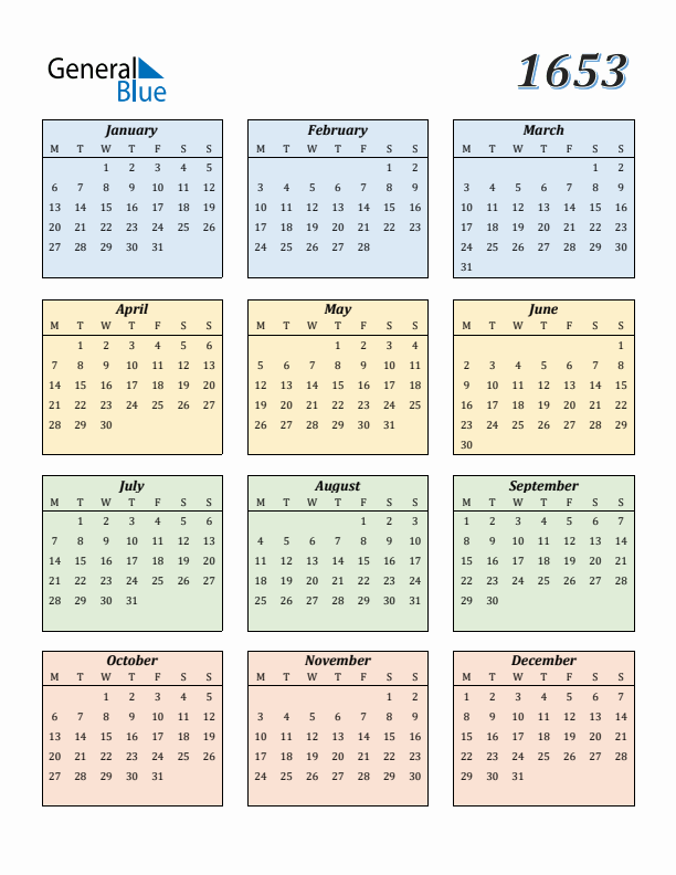 Calendar for 1653 (Monday Start)