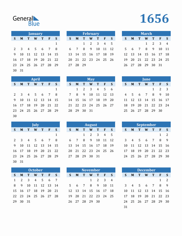 1656 Year Calendar with Sunday Start