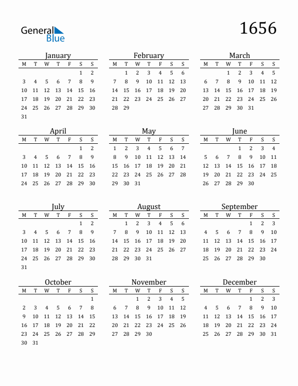 Free Printable Calendar 1656 with Monday Start