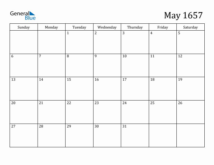 May 1657 Calendar