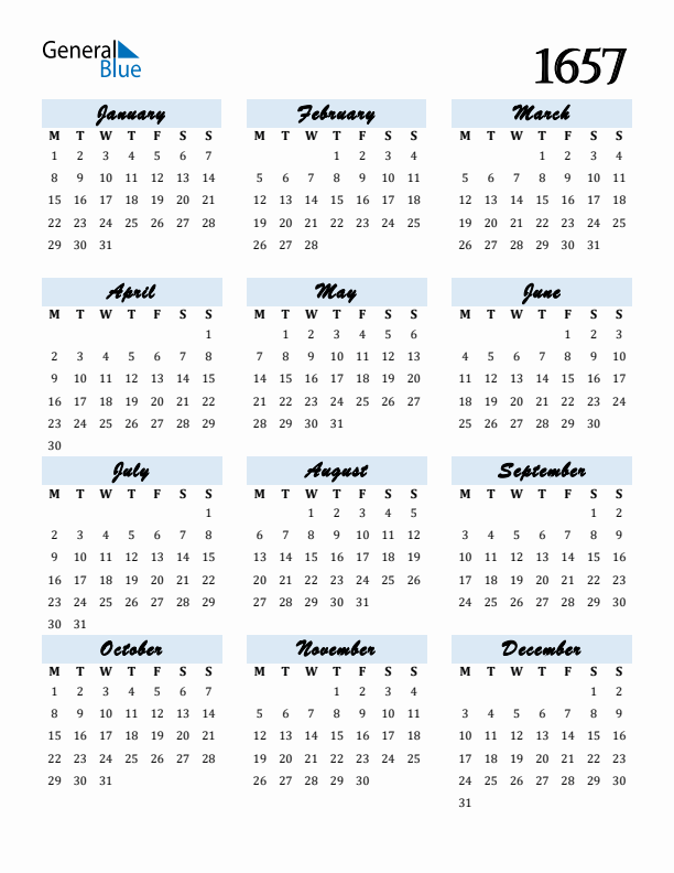 Calendar 1657 Free Download and Print