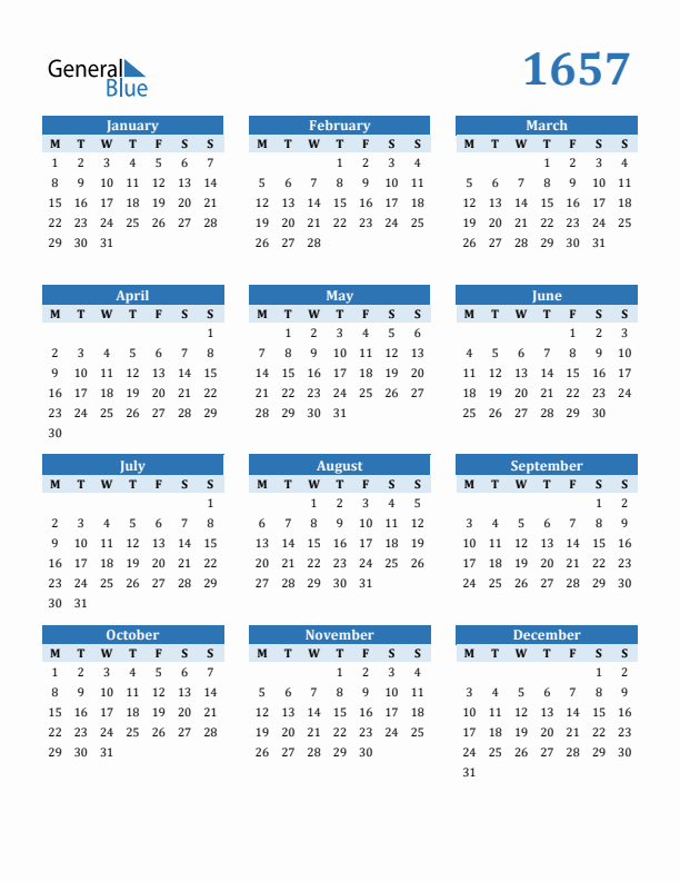 1657 Year Calendar with Monday Start