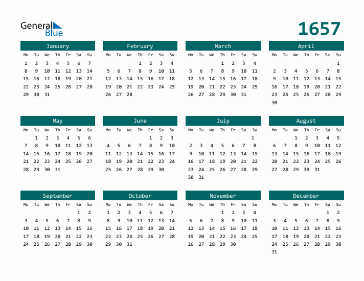 Downloadable 1657 Calendar