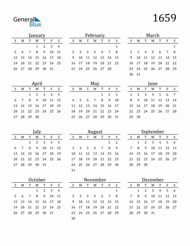 Free Printable Calendar 1659 with Sunday Start