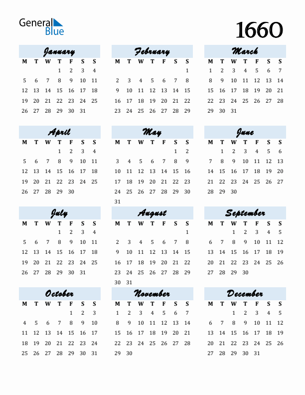 Calendar 1660 Free Download and Print