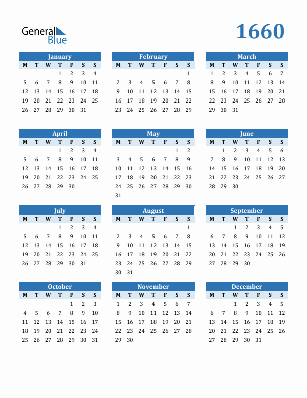 1660 Year Calendar with Monday Start