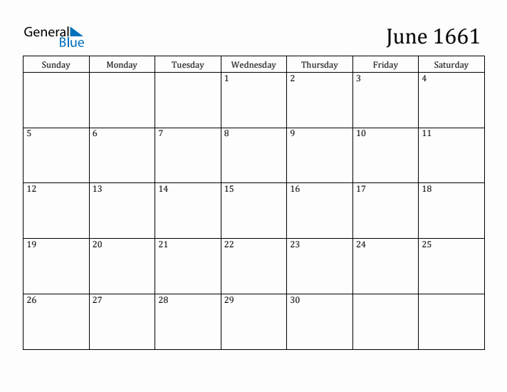 June 1661 Calendar