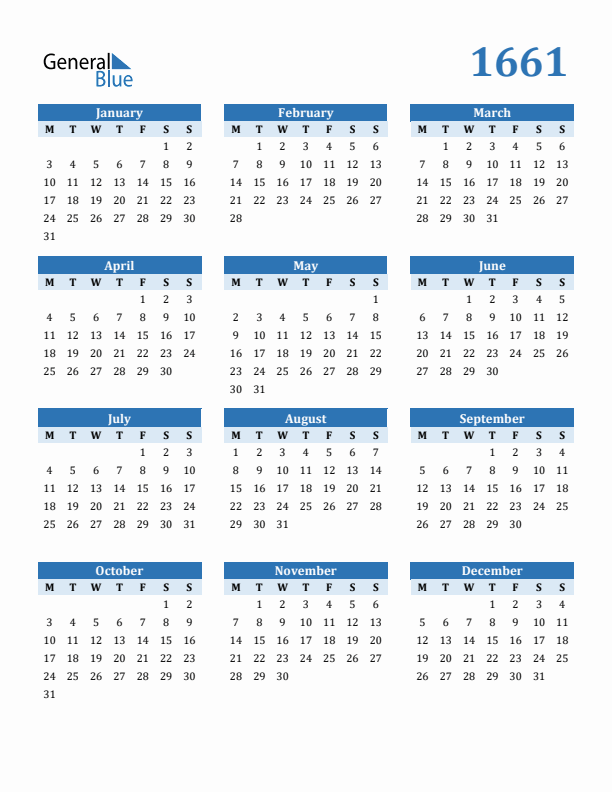 1661 Year Calendar with Monday Start