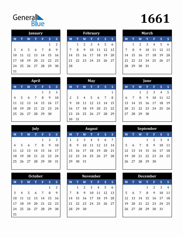 Editable Calendar 1661 - Monday Start