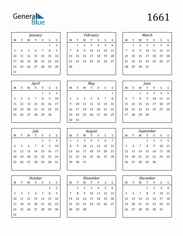 Blank Calendar 1661
