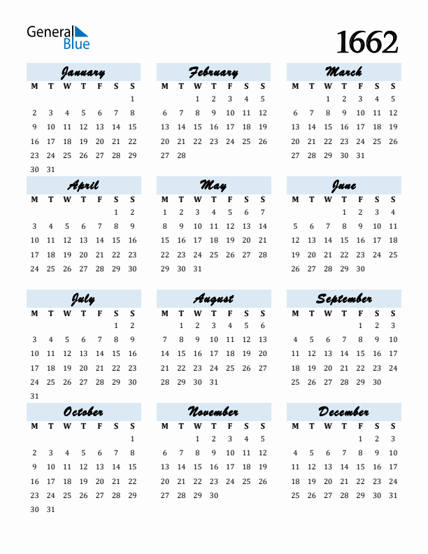 Calendar 1662 Free Download and Print