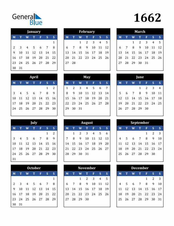 Editable Calendar 1662 - Monday Start