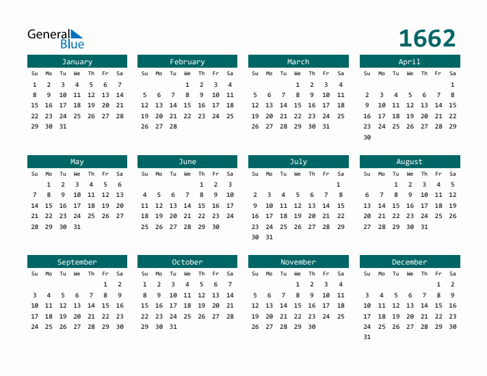 Downloadable 1662 Calendar