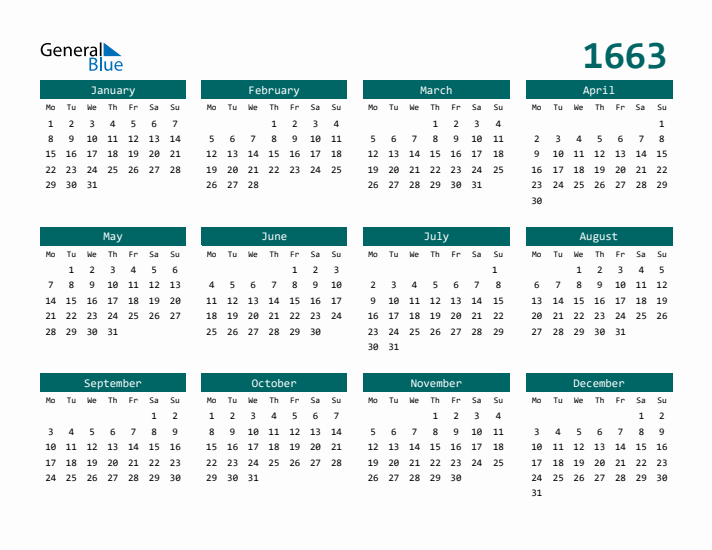 Downloadable 1663 Calendar