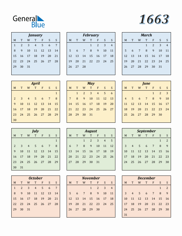 Calendar for 1663 (Monday Start)