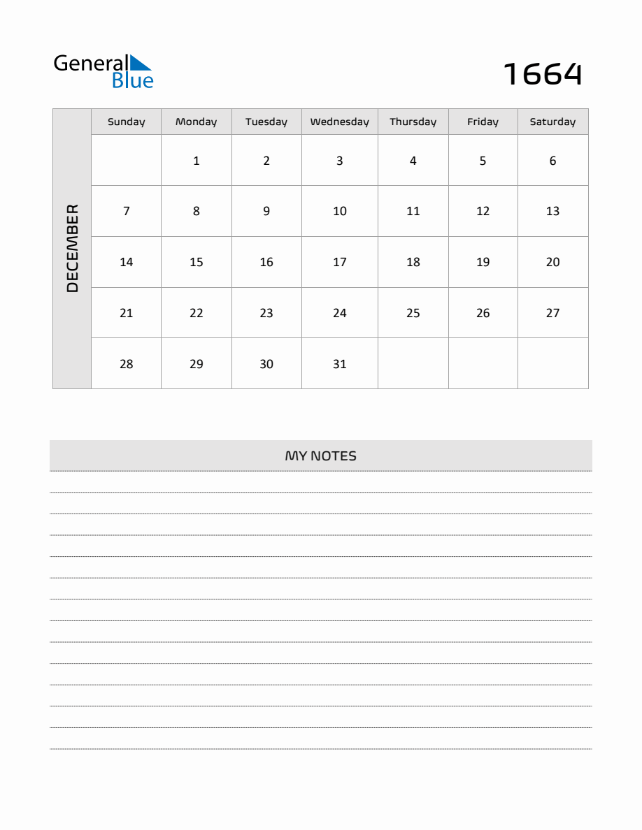 December 1664 Printable Monthly Calendar with Notes