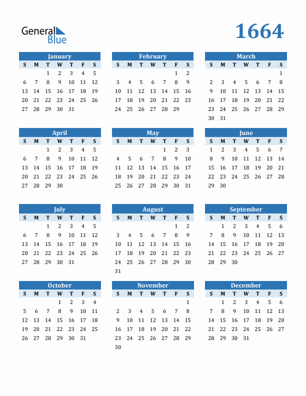 1664 Year Calendar with Sunday Start