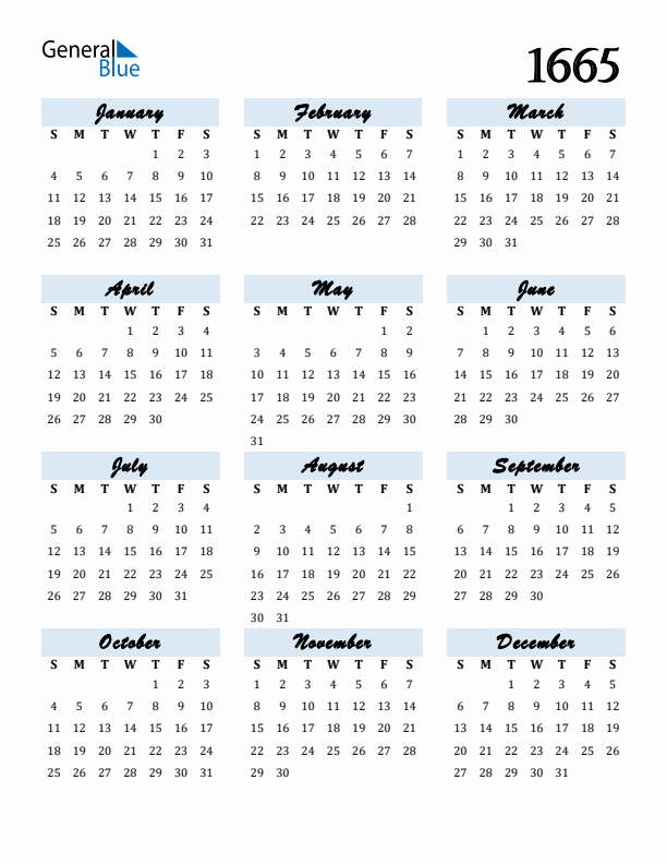 Calendar 1665 Free Download and Print