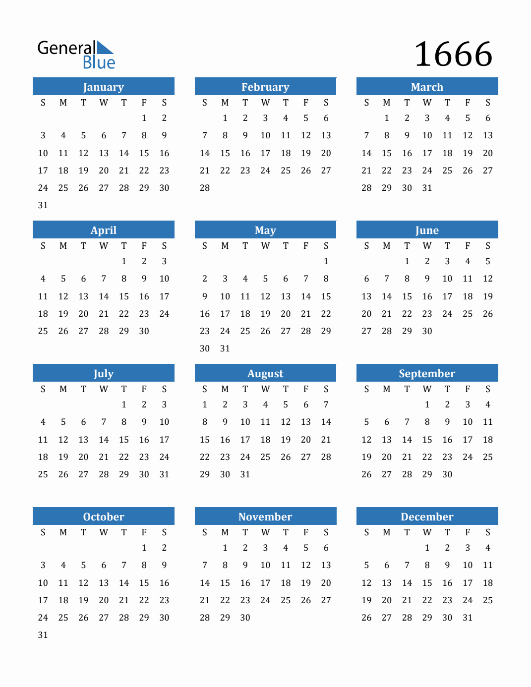 Free 1666 Calendars in PDF, Word, Excel