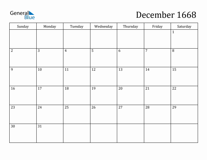 December 1668 Calendar