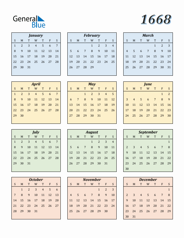 Calendar for 1668 (Sunday Start)