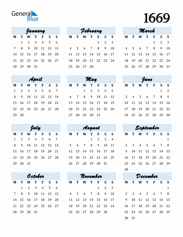 Calendar 1669 Free Download and Print