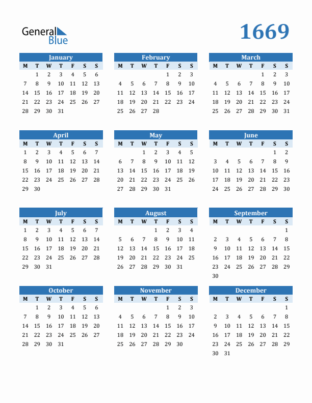 1669 Year Calendar with Monday Start