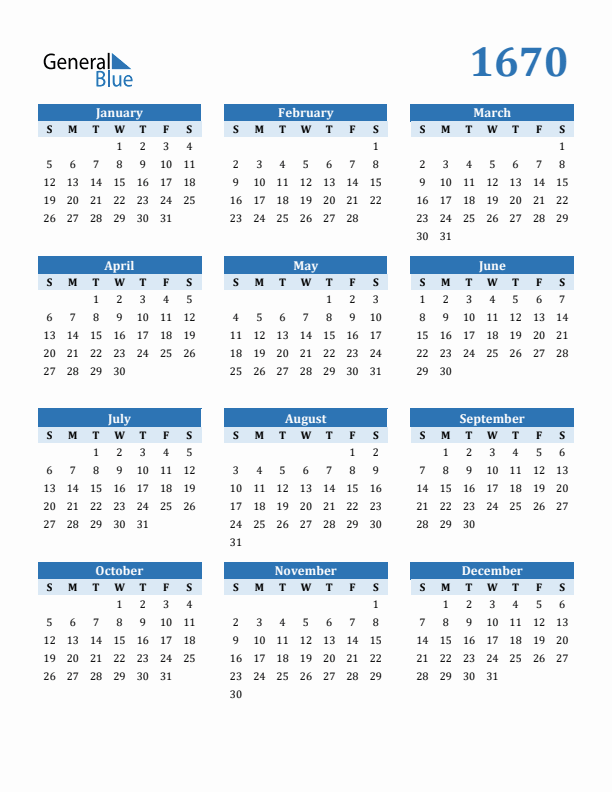 1670 Year Calendar with Sunday Start