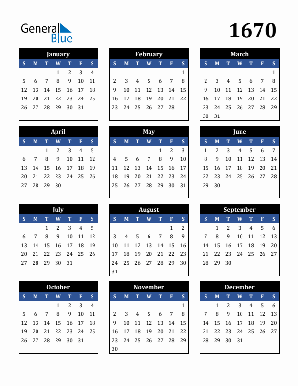 Editable Calendar 1670 - Sunday Start