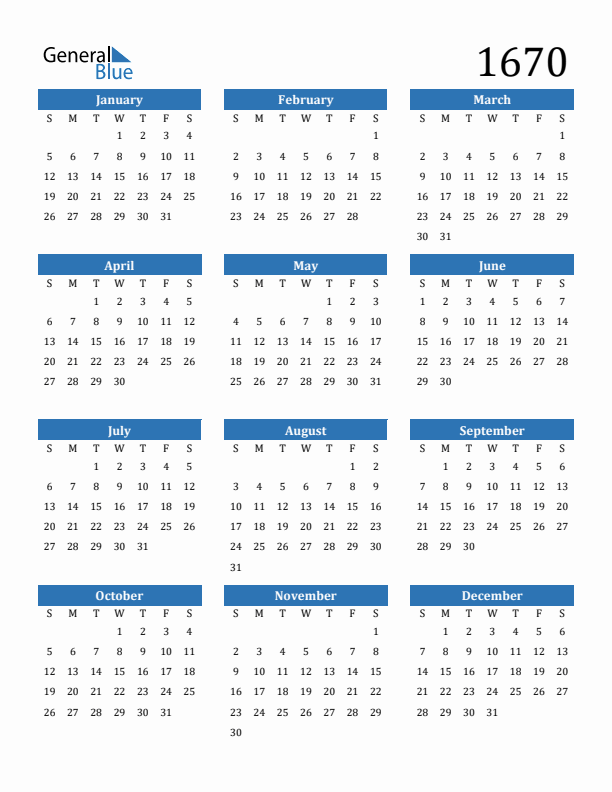 1670 Calendar