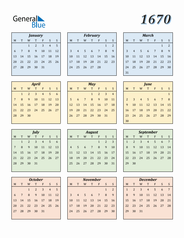 Calendar for 1670 (Monday Start)