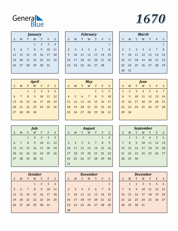 Calendar for 1670 (Sunday Start)