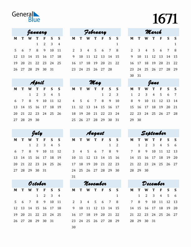 Calendar 1671 Free Download and Print