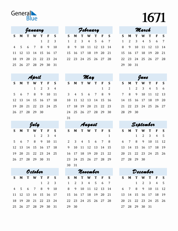 Calendar 1671 Free Download and Print