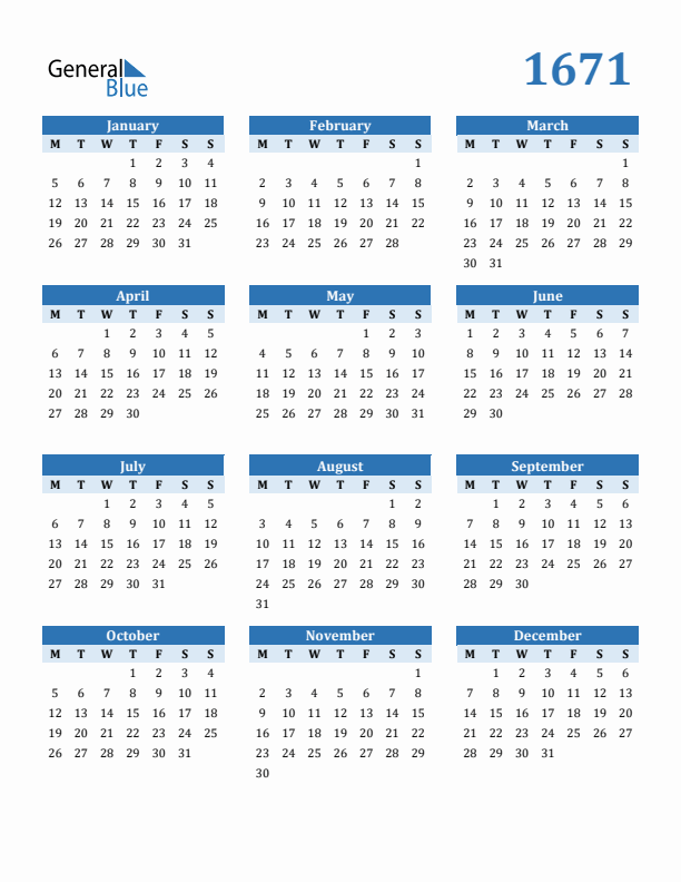 1671 Year Calendar with Monday Start