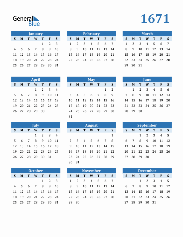 1671 Year Calendar with Sunday Start